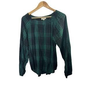 Ann Taylor LOFT Green & Navy Plaid Long Sleeve Lightweight  Smocked Top Medium